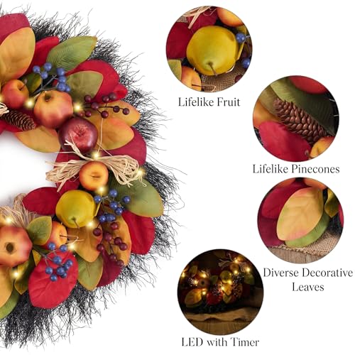 24-Inch Collapsible Pre-Lit Fall Wreath with Apples Berries & Lights
