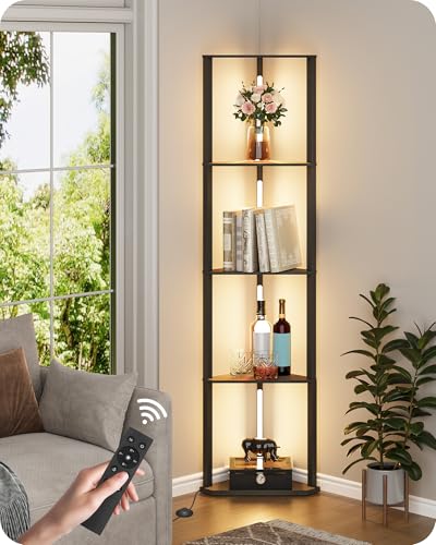 GOEBLESON 63.4" Corner Floor Lamp with Shelves & Dimmable LED Light - Black Triangle