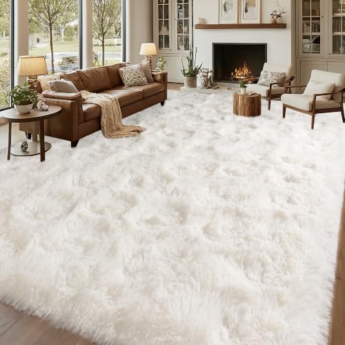 Cream 8x10 Area Rug for Living Room - Large Fluffy Shaggy Carpet