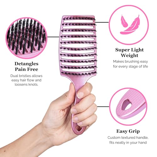 Pink Happy Hair Detangler Paddle Brush with Boar Bristles & Nylon Pins - Pain-Free, Lightweight