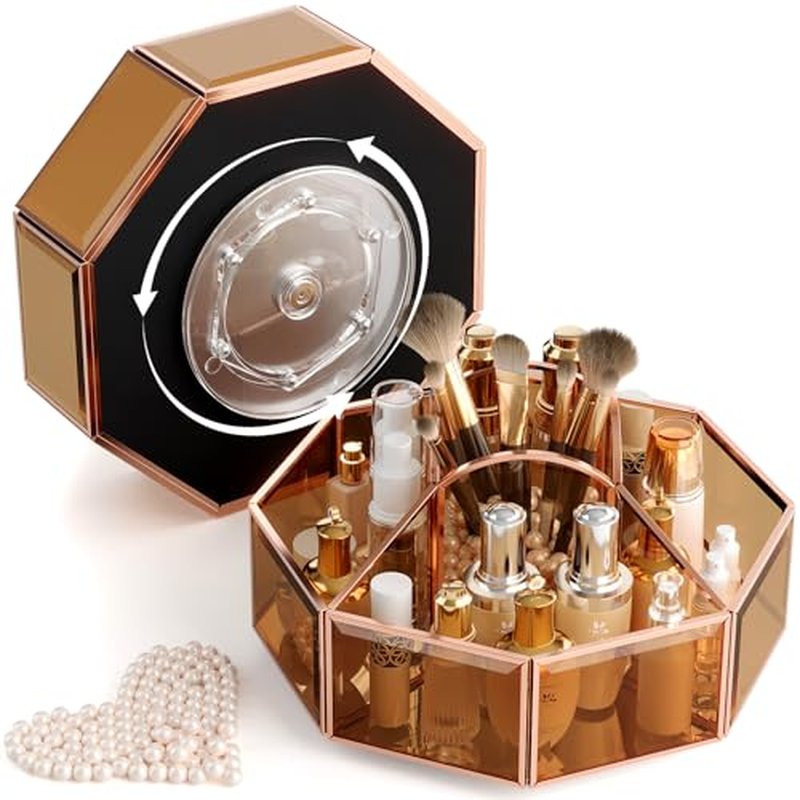 360¡Æ Rotating Makeup Organizer Spinning Vanity Organizer with Makeup Brush Holder for Countertop, Bathroom Storage, Skincare, Perfume & Cosmetic Organizer for Vanity Amber