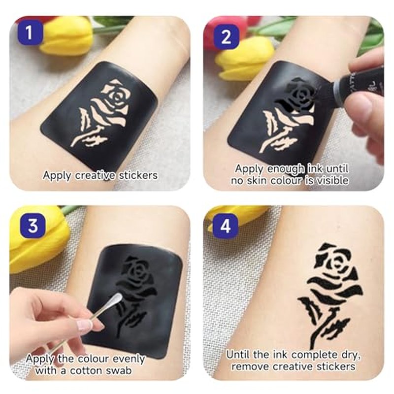 32pcs Black Rose Flower Temporary Tattoo Sticker For Women,Multiple Floral Pattern Designs(7.5X3.8 inch)