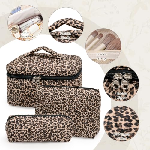 Leopard Print Quilted Makeup Bag Set - 3 Sizes Cosmetic & Toiletry Storage