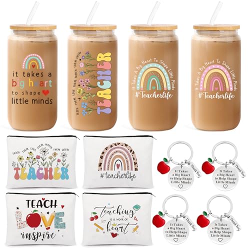 Teacher Appreciation Gifts Set - 12 Pieces with Glass Mug, Makeup Bags & Keychains - Thank You Gifts for Teachers
