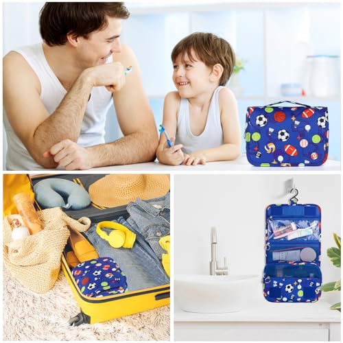 Kids Hanging Toiletry Bag for Boys - Blue Soccer Balls Travel Organizer Waterproof
