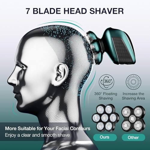 Head Shaver 7D, Wyklaus Upgrade Head Shavers for Bald Men, Head Electric Razor with Nose Hair Trimmer, Waterproof Wet/Dry Mens Grooming Kit, Anti-Pinch, LED Display, USB Rechargeable£¨Green£©
