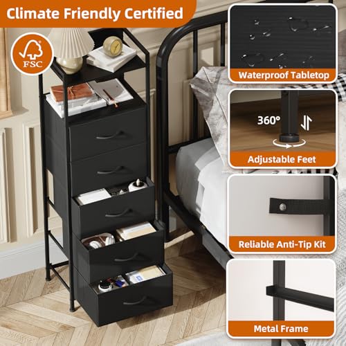 Tall Fabric Dresser with 5 Drawers - Modern Bedroom Storage Nightstand - Black, 11.4 x 15.2 x 42.1 Inches