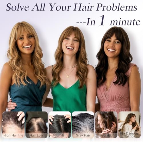 Kmzbasg 20in Blonde Brown Hair Topper with Dark Roots & French Bangs - 360 3D Clip-In for Thinning Hair