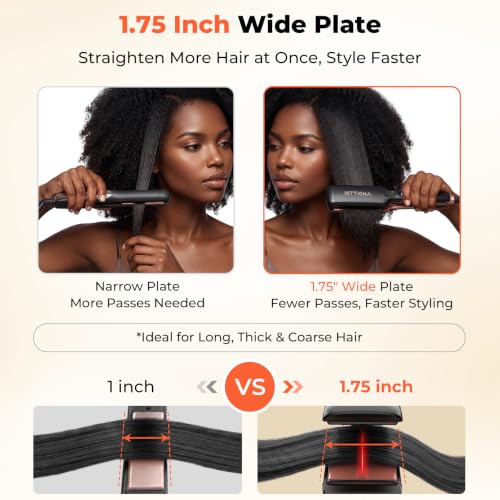 Ceramic Hair Straightener 1.75 Inch Wide Infrared Flat Iron for Thick & Curly Hair - Matte Black