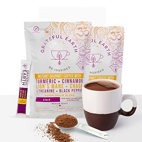 Grateful Earth Instant Mushroom Coffee with Lion's Mane (2 Bags, 40 Ct) – 40 Single-Serve Sticks