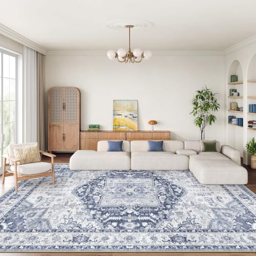 Washable 8x10 Navy Blue Area Rug Non-Slip Living Room Carpet - Kid & Pet Friendly