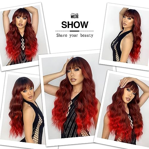 Ombre Red Wavy Wig with Bangs - 26 Inch Synthetic Long Hair for Women