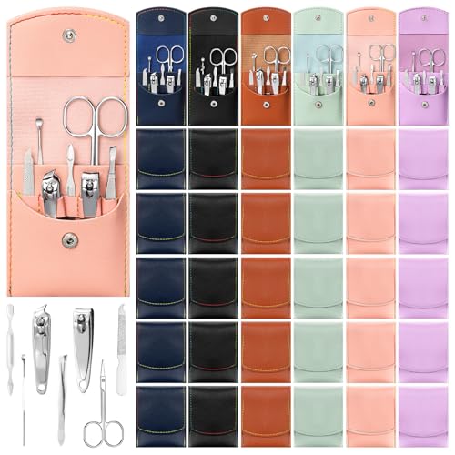 30 Set Manicure Kit Bulk Nail Clippers 7 in 1 Mini Nail Clippers Stainless Steel Professional Care Pedicure with Travel Bag Grooming Kit for Women Men Home(Retro Color,Stylish)