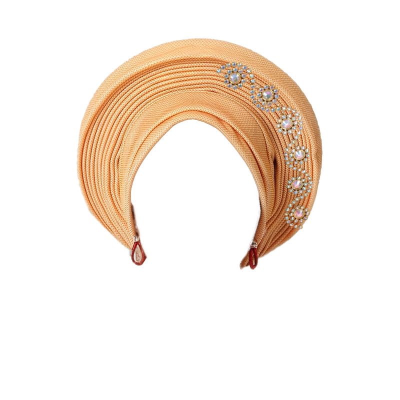 Golden Nigerian Headwrap with Stones - Auto Gele Turban for Party & Wedding