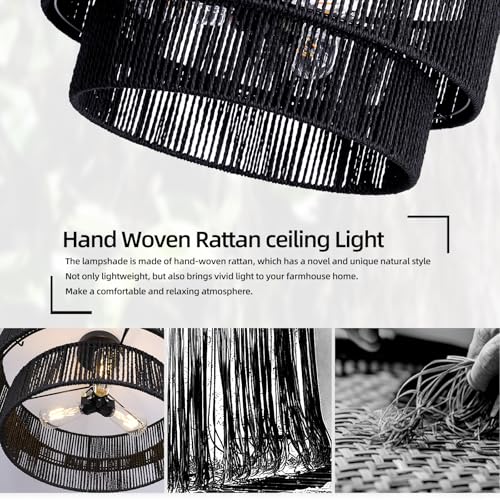 Black Hemp Rope Semi Flush Mount Ceiling Light Fixture 18-Inch Boho Rattan Lamp