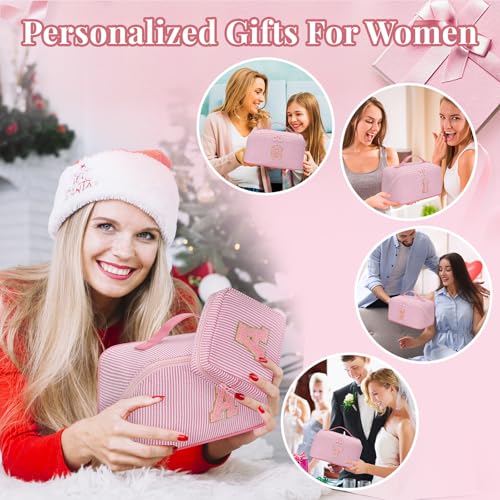 Easter Basket Gifts for Girls Women - Travel Makeup Bag for Women, 2Pcs Portable Personalized Initial Makeup Organizer Bag, Open Flat Large Cosmetic Bag With Travel Essential Pouch (Pink Letter C)