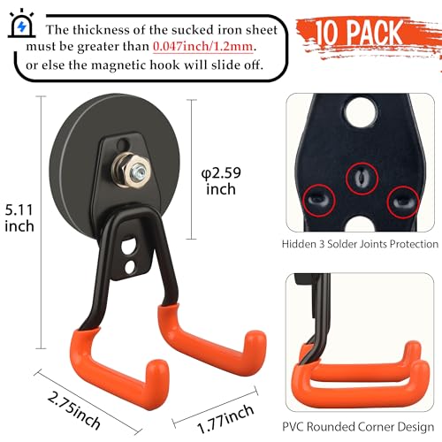 ULIBERMAGNET Pro 2.59'' Magnetic Garage Hooks 10 Pack Orange V1 Pro - Heavy Duty Tool Organizer