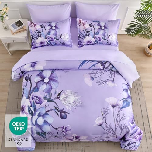 Luxudecor Queen Lavender Floral Comforter Set 7 Piece Bed in a Bag