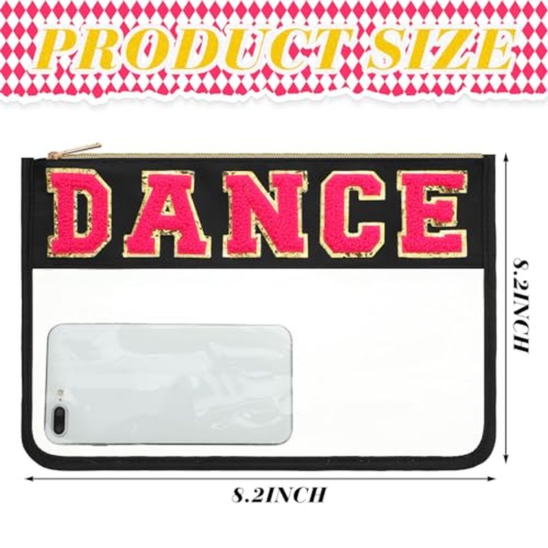 Abbylike 4 Pcs Makeup Bag Clear Letter Chenille Patch Bag Nylon Makeup Toiletry Pouch with Zipper for Women Gifts(Black,Dance)