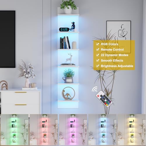 White 6-Tier Wall Shelf with RGB LED Lighting - 57-Inch Floating Storage