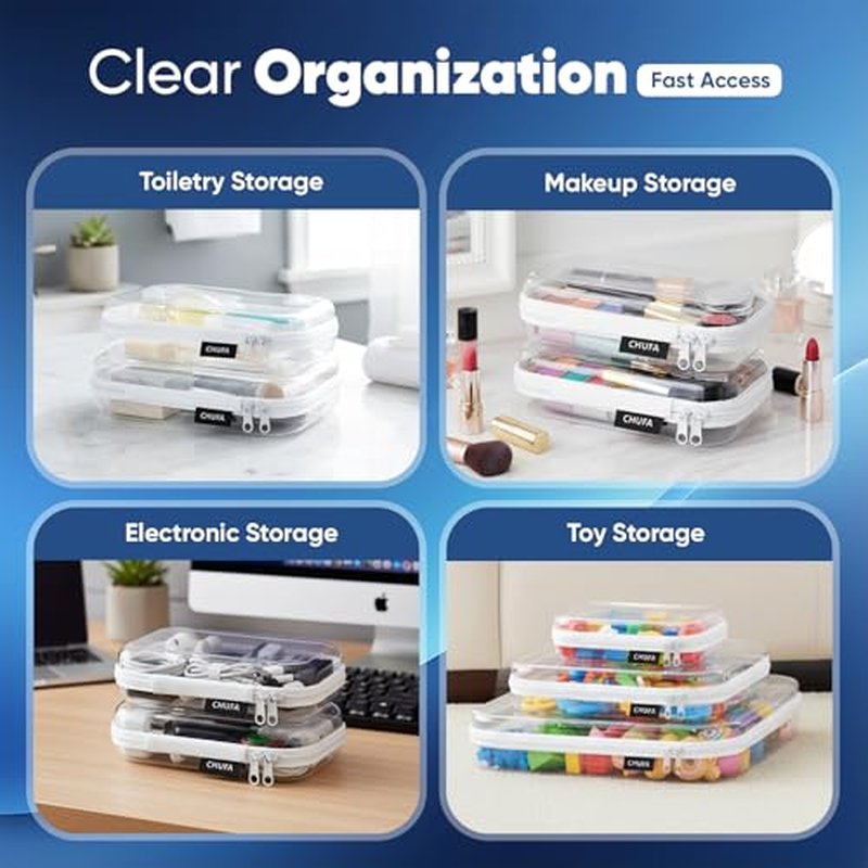 6 Pack Clear Hard Shell Zipper Case, See-Through Hard Plastic Organizer Pouches for Travel ? Toiletries, Makeup, Electronics & Pencils, Crush-Resistant Storage, 3 Sizes (2 Small/2 Medium/2 Large)