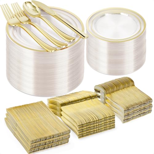 BESTVIP Clear Gold Plastic Plate Set for 100 Guests - Disposable Dinnerware for Weddings & Parties