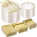 BESTVIP Clear Gold Plastic Plate Set for 100 Guests - Disposable Dinnerware for Weddings & Parties