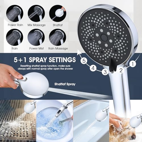 14 Inch Rain Shower Head & Handheld Combo with 5+1 Settings, Chrome Finish, 16'' Adjustable Extension Arm, Extra Long Hose