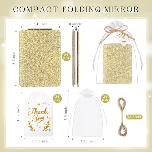 Gold Compact Mirrors 24 Sets with Thank You Tags & Organza Bags Wedding Party Favors