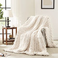 L'AGRATY Ivory Chunky Knit Throw Blanket 72x84 inches - Handcrafted Cozy Couch Cover