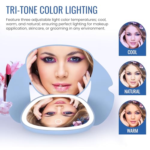 Impressions Vanity Stitch Ohana LED Compact Mirror with Lights, Lighted Travel Makeup Mirror with 3X Magnification, Adjustable Brightness, and Soft Touch Velvety Finish, Auto Shut-Off