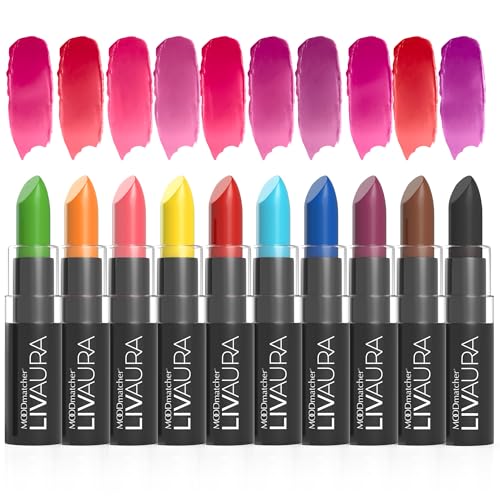 MOODmatcher Fran Wilson Lipstick, 10PC Collection of the Original Color-Change Lipstick - Maskproof, 12 HOUR Long Wear, Enriched with Aloe & Vitamin E for Ultra-Hydration, Waterproof, 0.12 oz.each