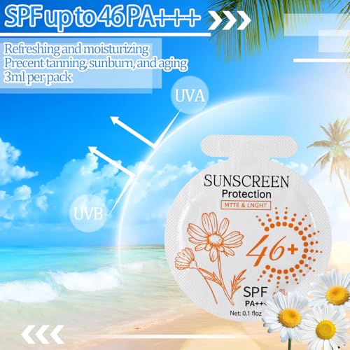 Heigble 100 Pcs Travel Size Sunscreen Packets SPF 46+ Bulk, Individual 3ml Gel Sunscreen for Outdoor Use