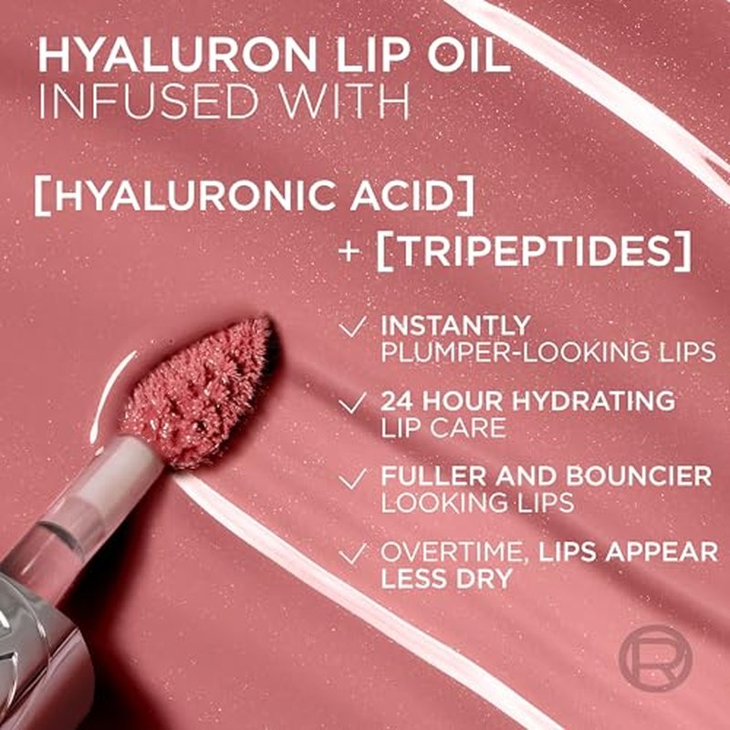 L'Oreal Paris Plump Ambition Hyaluron Lip Oil, 24 HR Lip Gloss with Hyaluronic Acid, Volumizing Formula with Glass-Like Shine, Worth It 601, 0.16 Fl Oz