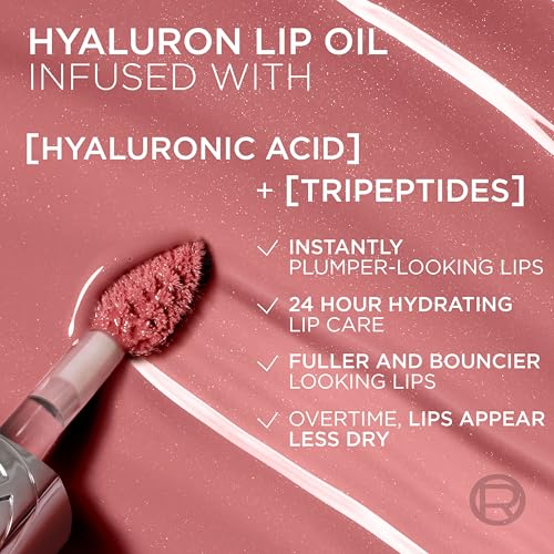 L'Oreal Paris Plump Ambition Hyaluron Lip Oil, 24 HR Lip Gloss with Hyaluronic Acid, Volumizing Formula with Glass-Like Shine, Latte Glace 641, 0.16 Fl Oz