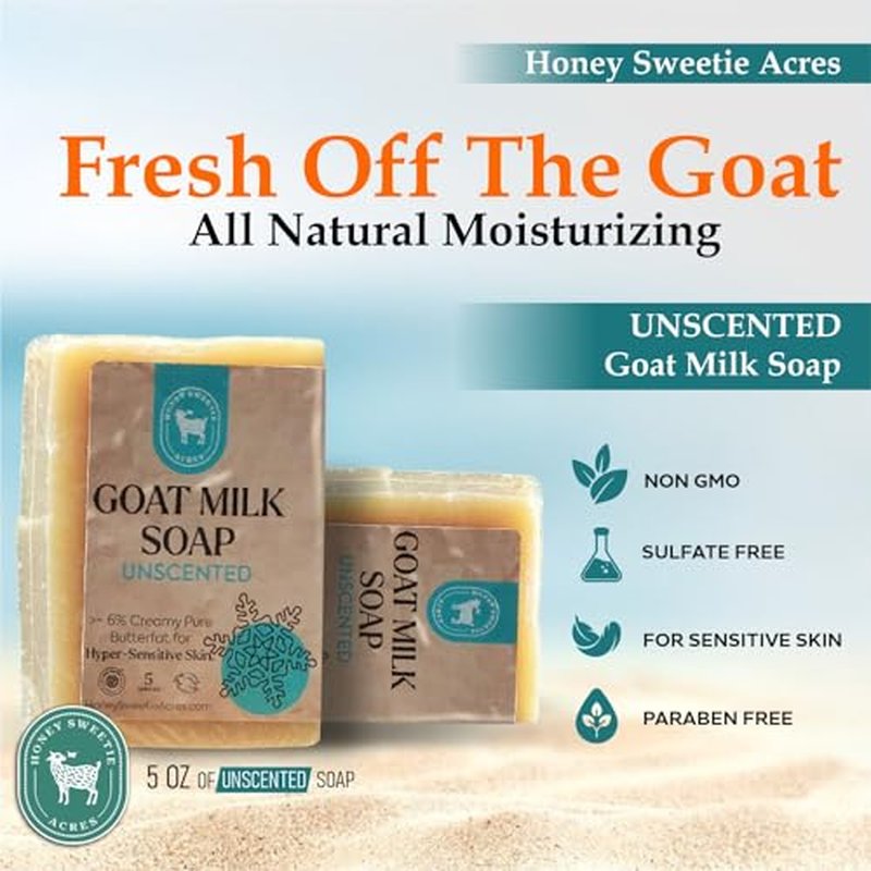Honey Sweetie Acres 2-Pack Unscented Goat Milk Soap - Handmade 5 oz Bar, Made with Natural Ingredients, Moisturizing & Gentle, Made in the USA