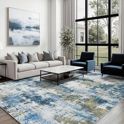 Blue 9x12 Washable Area Rug for Living Room - Soft Abstract Bedroom Carpet