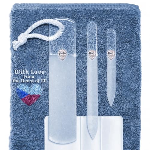 GLADZY Glass Nail File Set ? Czech Crystal Nail Files for Natural Nails, Glass Foot File Callus Remover, Professional Manicure & Pedicure Kit for Fingernails & Toenails with Case and Towel, Made in EU