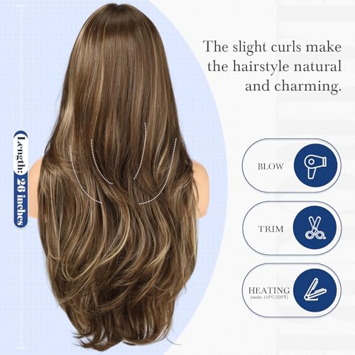 HAIRCUBE Long Brown & Blonde Highlight Curly Wig 22 Inch Synthetic Daily Use