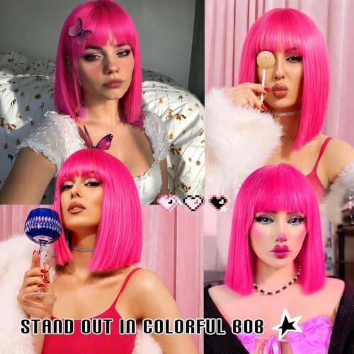 Pink Hot Bob Wig for Women - Short Synthetic Straight Wig with Bangs, Adjustable Fit