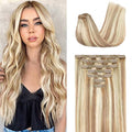 Clip in Hair Extensions - Human Hair, 20 Inch Honey Blonde with Bleach Blonde - 7 Pcs