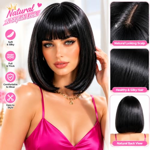 Black Short Bob Wig with Bangs - 12 Inch Synthetic Glueless Wig for Women - Amaattee