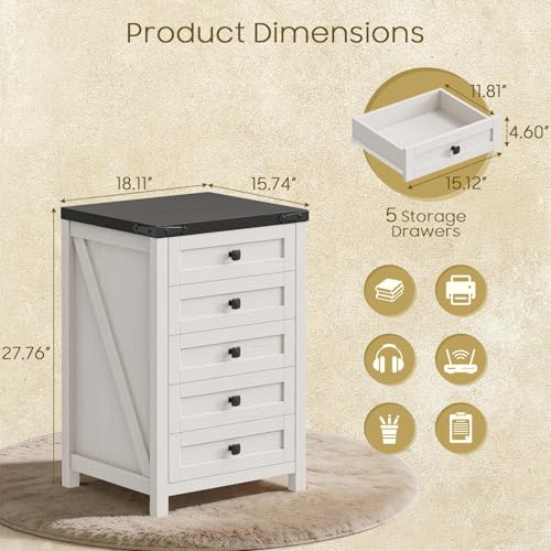 Halitaa Rustic White & Black 5 Drawer Farmhouse File Cabinet - Compact Vertical Storage, 15.75 x 18.11 x 27.76 inches