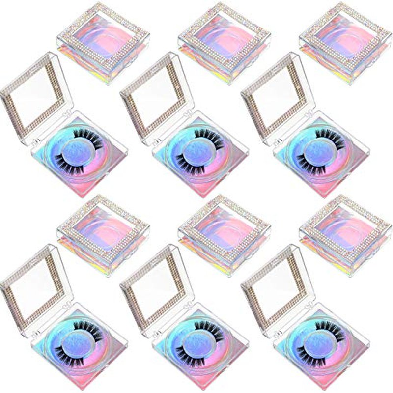 Blulu 12 Pcs Lash Boxes Packaging Empty Bulk Square Glitter 3D False Eyelash Cluster Box Storage Case Rhinestone Lash Organizer Container with Glitter Paper Clear Tray for Women Cosmetic(Holographic)