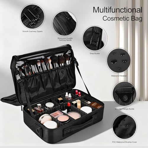 Greenfeather Black Medium Travel Makeup Case with Adjustable Dividers & Shoulder Strap