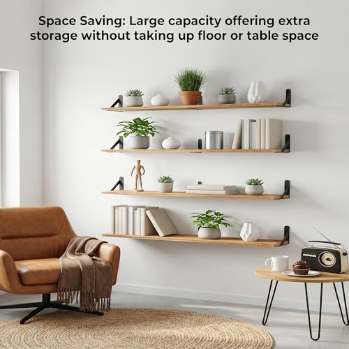 47 Inch Set of 4 Long Floating Wall Shelves - Black Wood Book Storage