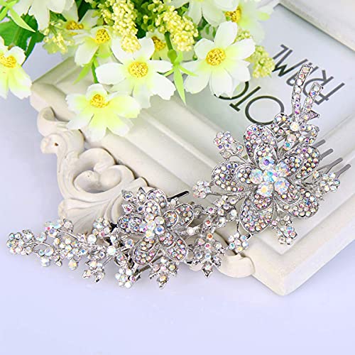 Iridescent Clear AB Flower Leaf Bowknot Hair Comb - Silver-Tone, 6 Inch