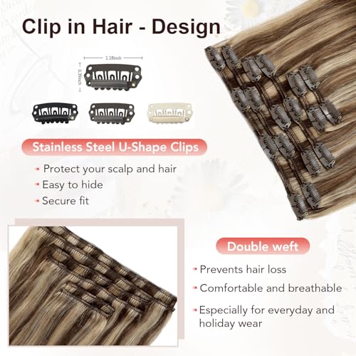 Remy Human Hair Clip-In Extensions 18 Inch #4P27 Medium Brown Caramel Blonde Set