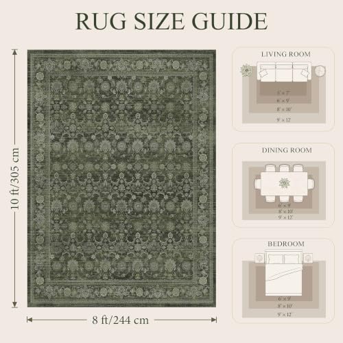 Green 8x10 Washable Boho Area Rug - Farmhouse Vintage Style for Living Room