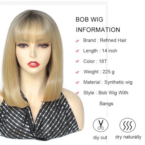 Short Straight Bob Wig with Bangs - 14 Inch Ombre Blonde Synthetic Hair Wig for Women, Heat Resistant, Natural Look, Party & Daily Use
